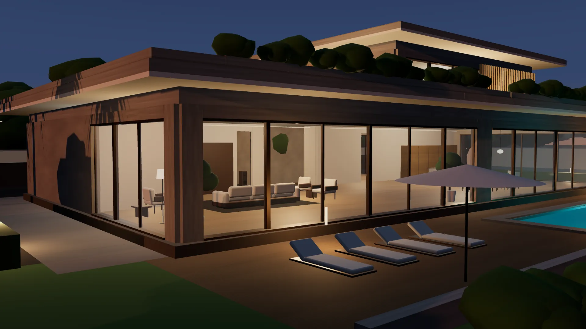 The illustrative villa at dusk, warm light in the living room