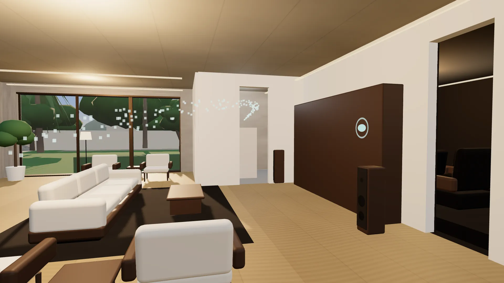 Illustrative design of a living room with an air quality sensor on the joinery and a filtration unit behind the plant room door.