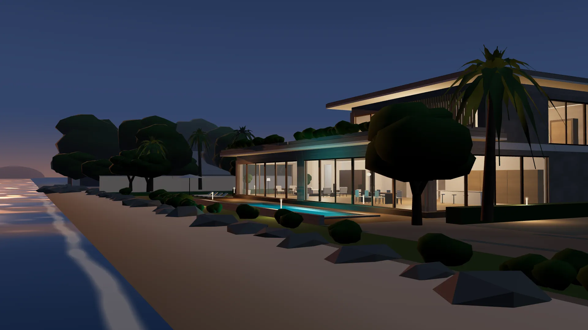 Illustrative design of a villa at dusk, standing for a household that runs smoothly behind the scenes.